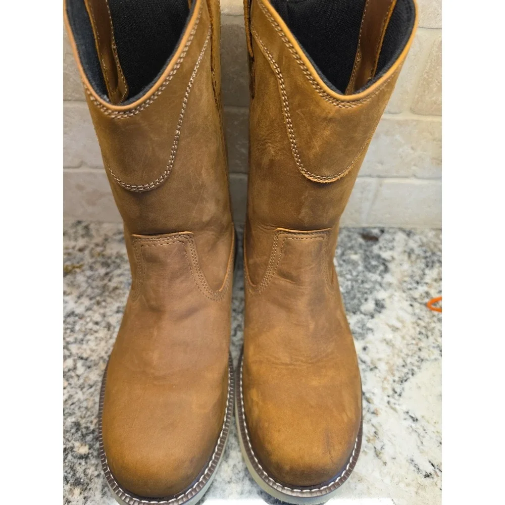 Mens Light Brown Work Boots Leather Oil Resistant Pull On Wedge Steel Toe Sz 8.5